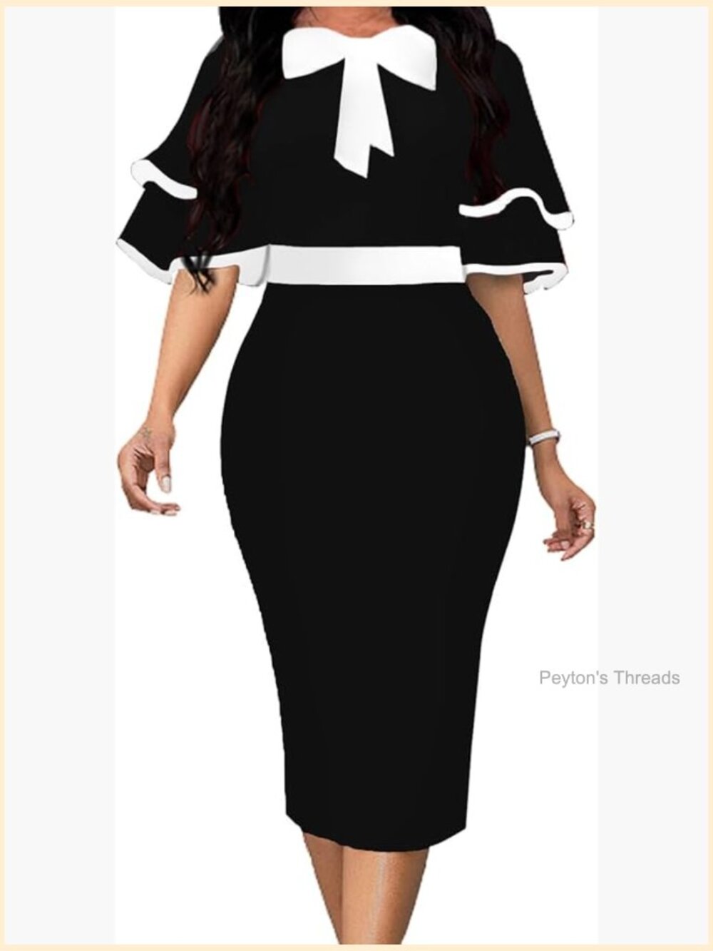 Bow Tie Ruffled Sleeve Midi Bodycon Dress